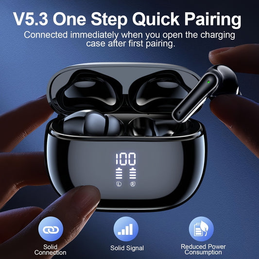 Wireless earbuds with touch control, noise reduction mic, USB Type-C charging case, 15hr playtime, quick charge, 380mAh battery, LED power display. Ideal for sports, adults, and compatible