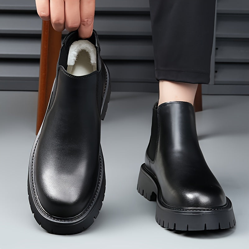 Men's Winter Boots - Fleece-Lined Slip-On Ankle Boots with Round Toe & Rubber Sole, Black Synthetic