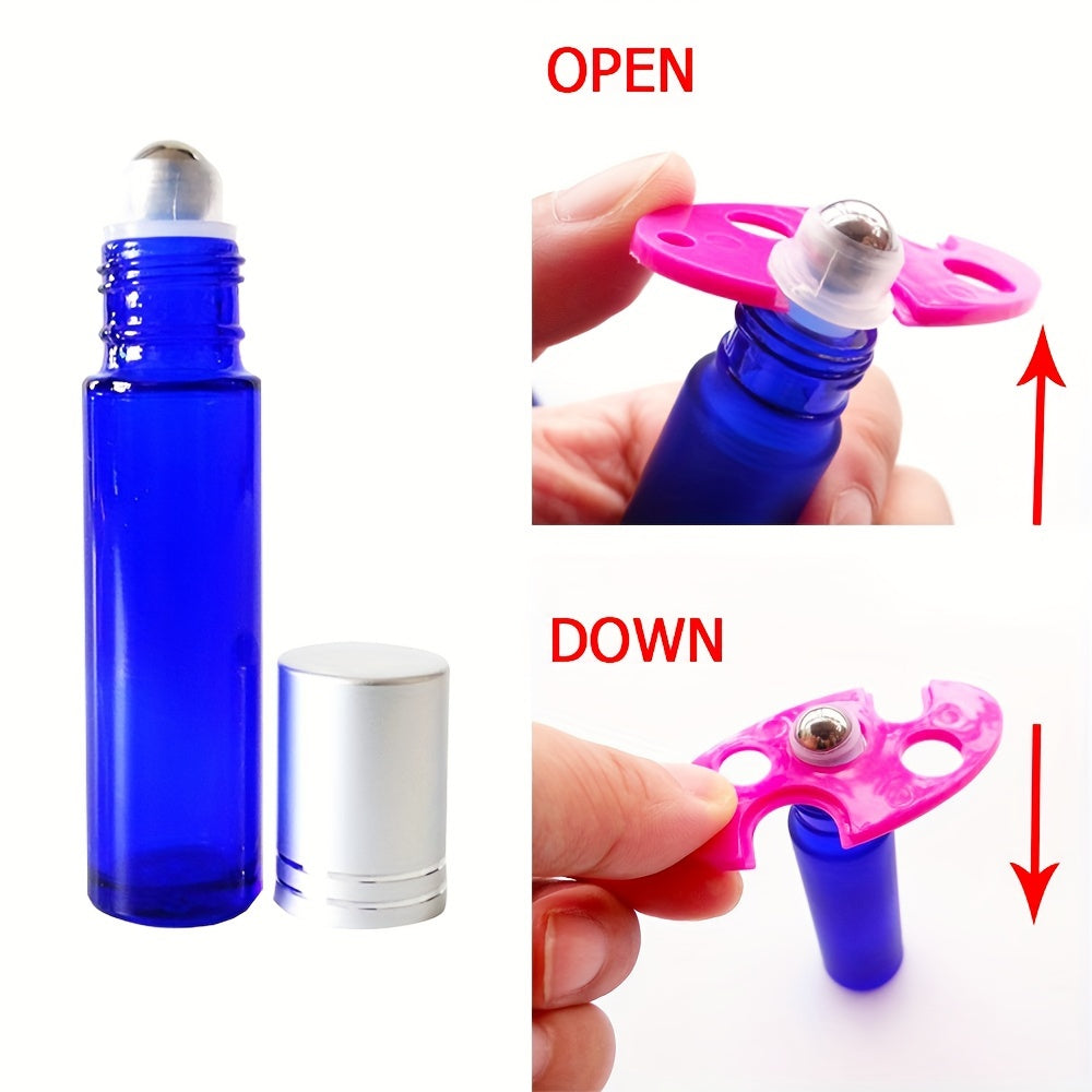 Durable tool for easy removal of essential oil bottle caps - colorful plastic opener with roller ball.