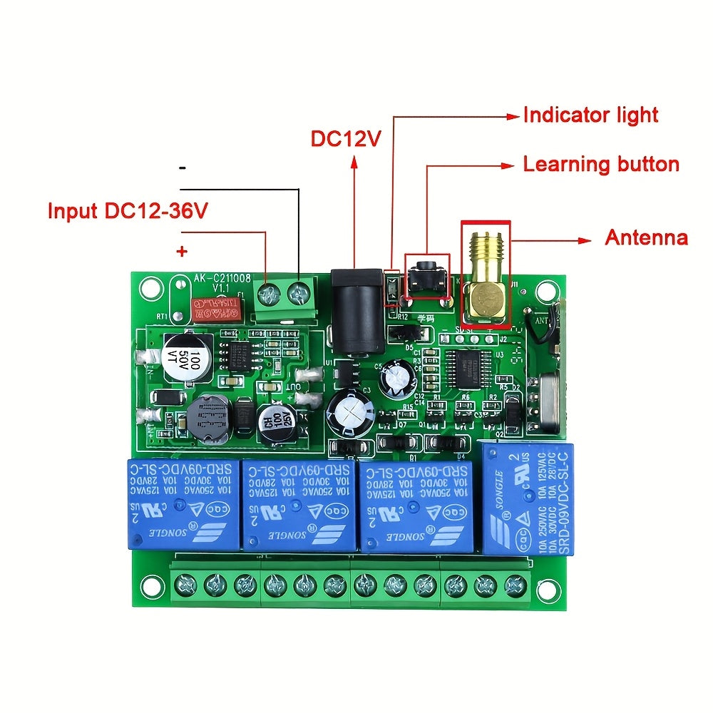 433MHz wireless relay remote control switch, 4 channel, 10A, wall mount, shock-resistant, for computers and room electrical wiring, operating voltage ≤36V, non-waterproof, no battery needed.