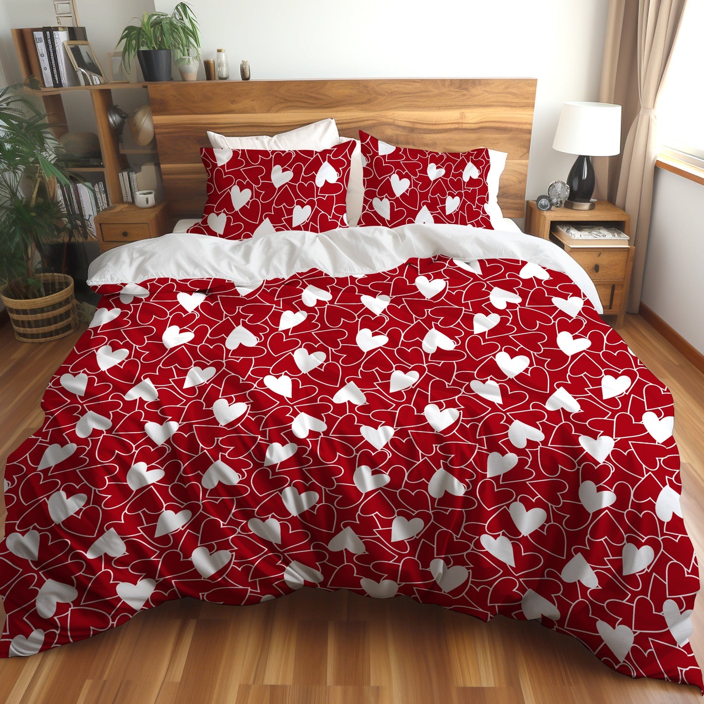 Get ready for the season of love with our Heart Print Valentine's Day Bedding Set. This set includes 1 Duvet Cover and 2 Pillowcases, all brushed for a soft and comfortable feel. Perfect for any bedroom or guest room, this skin-friendly set is suitable