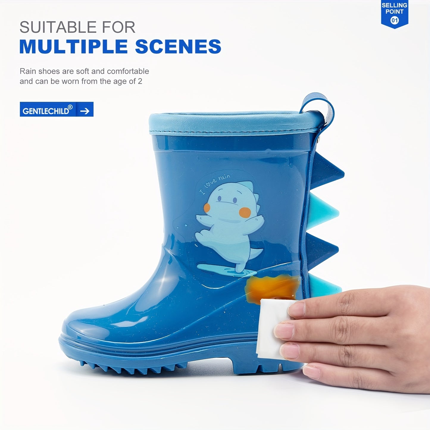 GentleChild Cute Dinosaur Kids' Rain Boots - Waterproof, Non-Slip for Ages 1-8, Ideal for outdoor play and beach adventures.