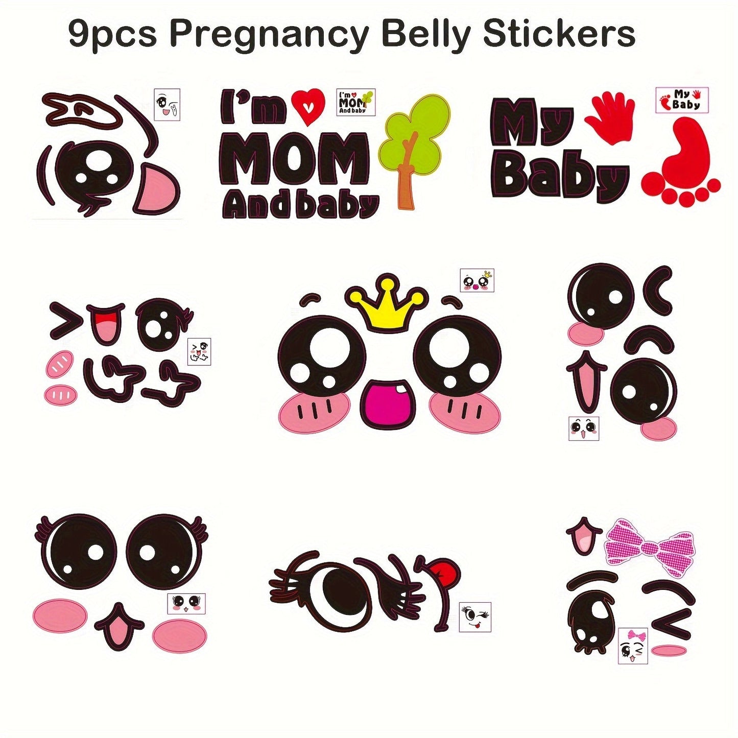 9-pack of Fun and Cute Pregnancy Belly Stickers - Ideal Present for Soon-to-be Moms, Convenient Peel and Stick, Disposable.