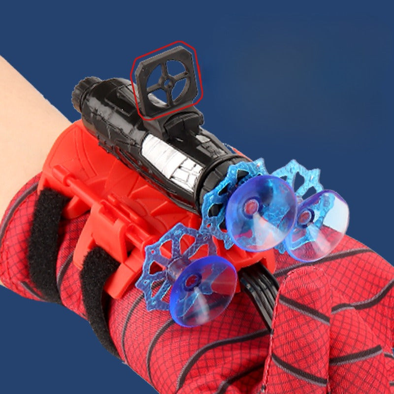 Spider Launcher toy for ages 3 and up, featuring a mixed color plastic spider glove with suction darts and web-shooting action.