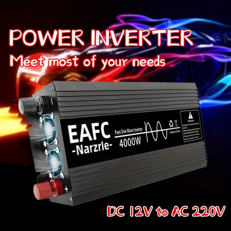 Car power inverter converts DC 12V to AC 220V without battery, with peak power options of 4000W, 3000W, and 2000W in pure sine wave.