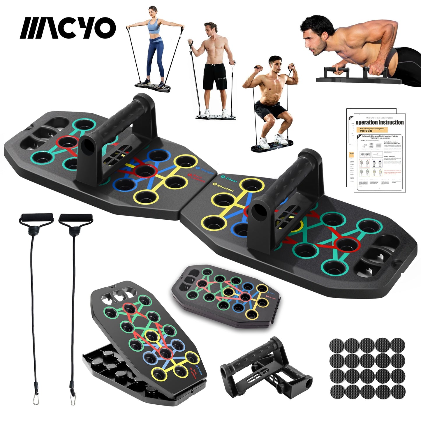 MACYO Ultimate Push-Up Board with 2 Resistance Bands - Multifunctional workout equipment for home and gym, chest muscle trainer, strength training aid.