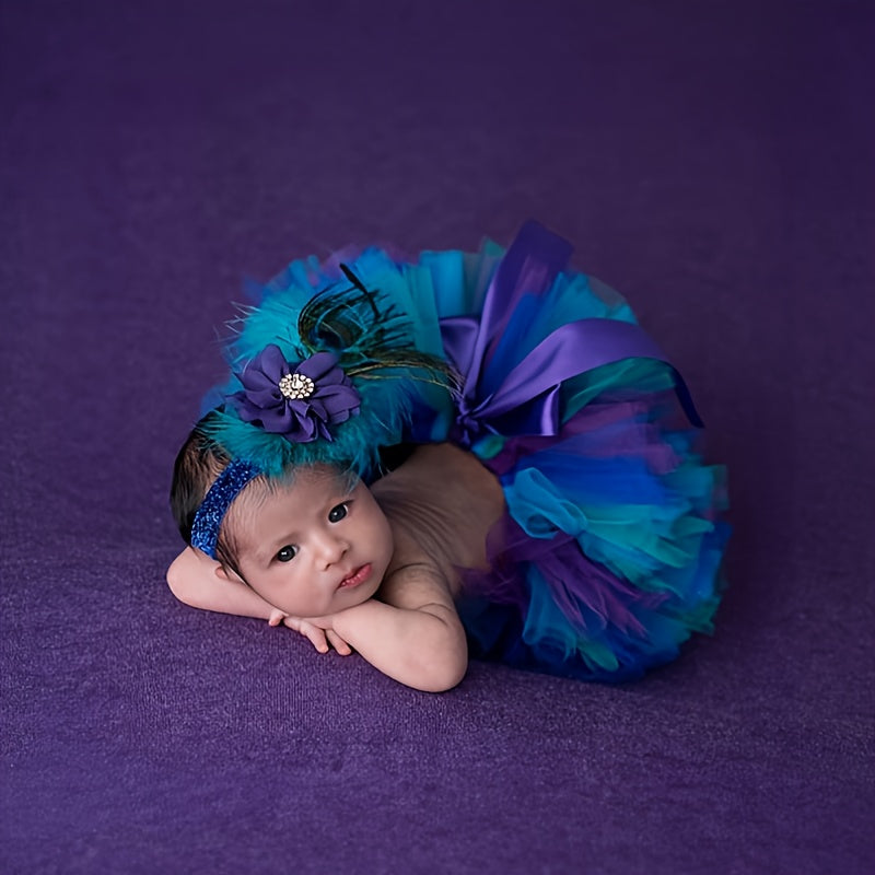 Set of infant ballet tutu skirt and feather headband, featuring colorful tulle. Perfect for newborn photo shoots, girls' birthday ballet costumes, and baby gift sets. Comes in mixed colors.