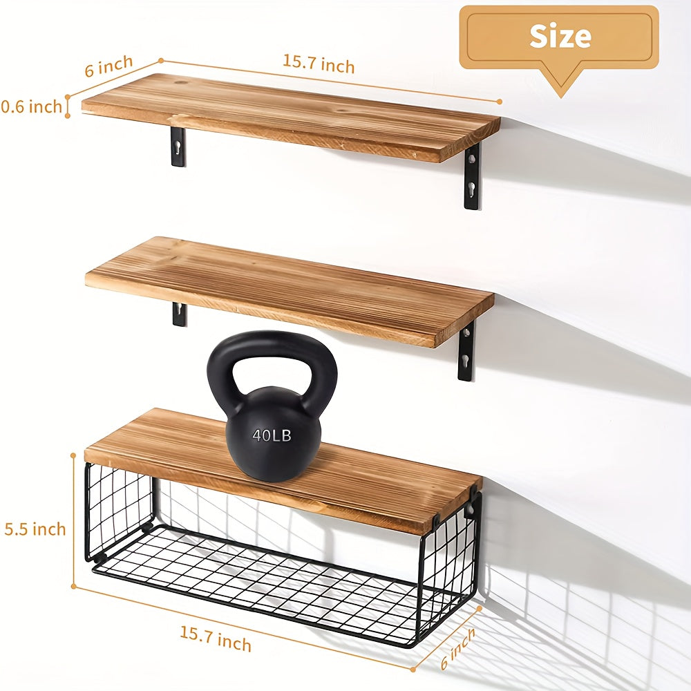 Solid Wood and Metal Wall Mounted Floating Shelves with Storage Basket for Bathroom Organization Over Toilet - Modern Open-Storage Shelves for Kitchen and Living Room Home Decor, Made with Durable Hardwood Construction.