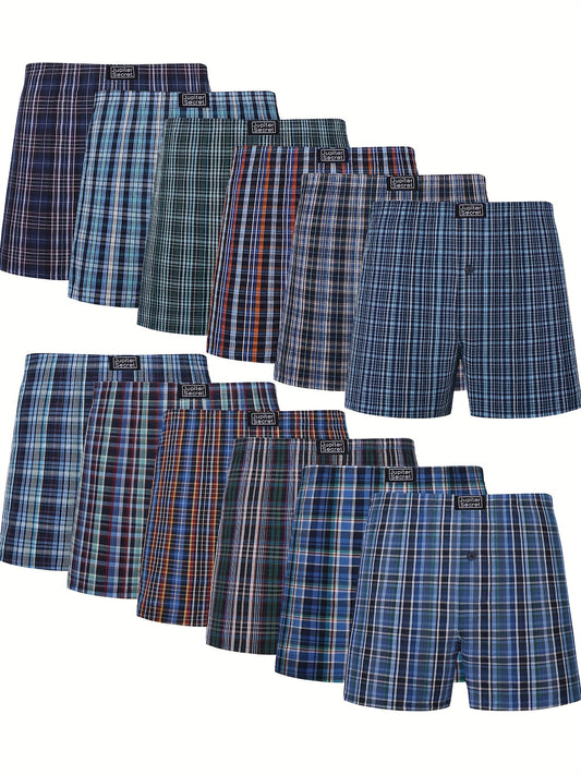 JupiterSecret 12-pack Men's Cotton Boxer Shorts with Elastic Waistband & Button Closure - Casual Plaid, Machine Washable, Non-Stretch Fabric in Assorted Colors