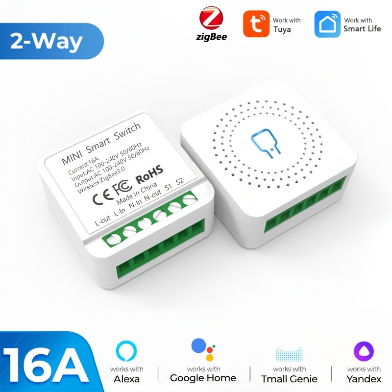 DIY 16A Power Switch Module with WiFi, ZigBee, Tuya app, voice control, 2-way power control, 110V/220V, app controlled, flush mount, for electronics - no battery needed.