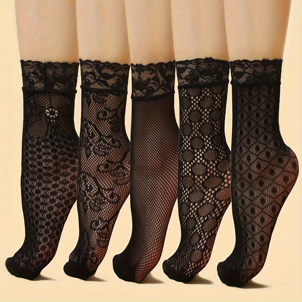 Set of 5 fashionable thin floral lace socks, comfortable and breathable short socks for women.