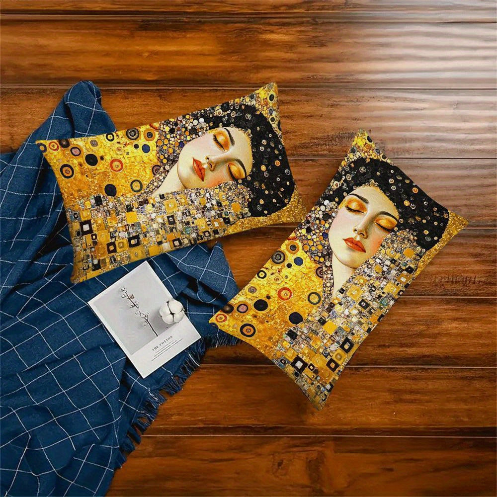 Set of 2 Gustav Klimt's Kiss Abstract Oil Painting Pillow Covers, measuring 50.8*30.48cm each. Perfect for adding a modern touch to neutral sofas, bedrooms, and living rooms. Great for camping, outdoor sofas, tents, and car accessories. (Pillow mats not