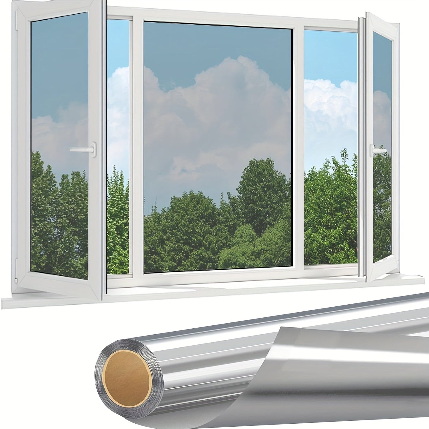 Mirror reflective one way window film offers home privacy, blocks out the sun, controls UV heat, and features a static cling design. Made of PET material, this classic style film is 4mil thick and comes in a sleek silver color.