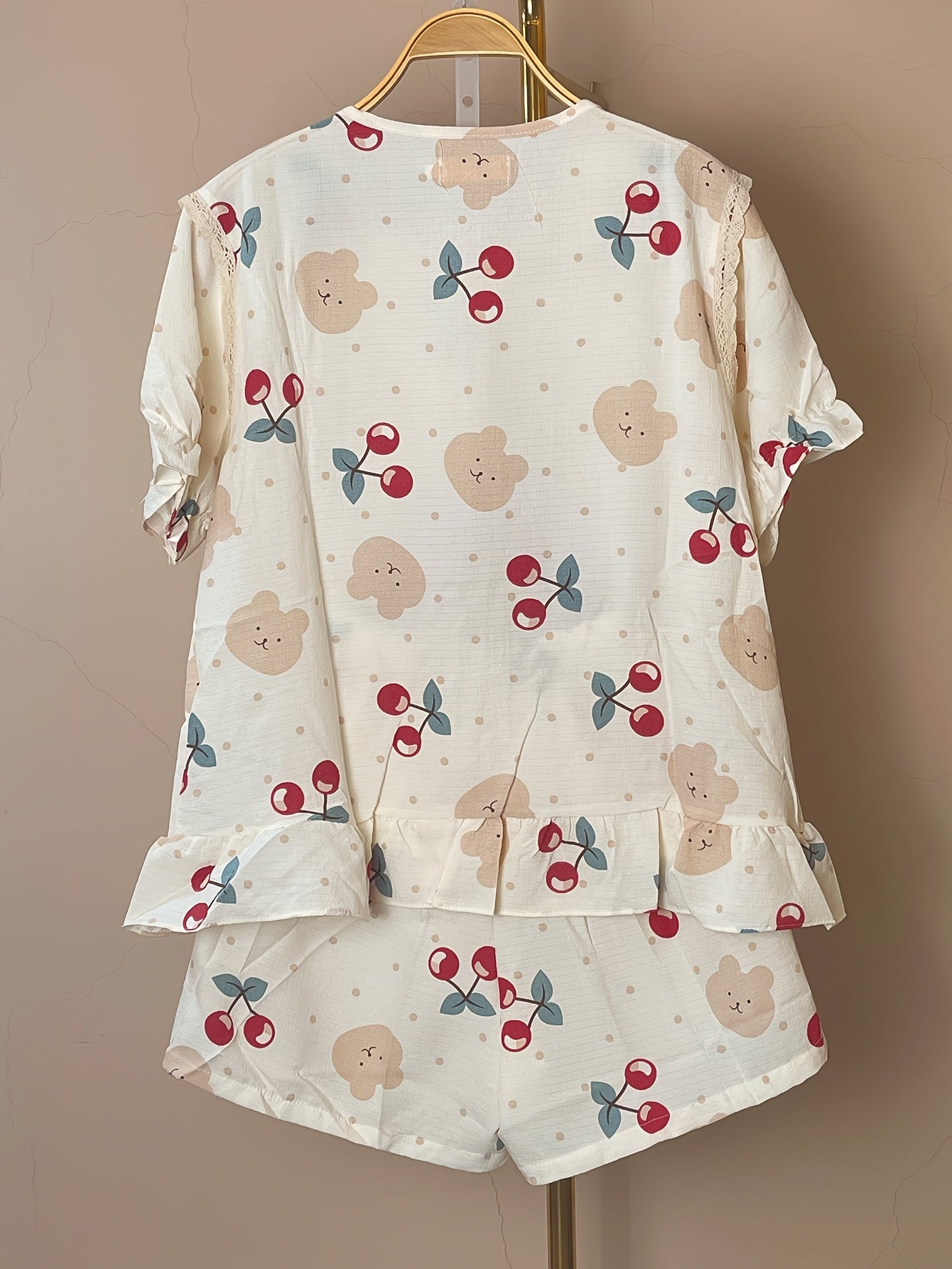 Cherry and Bear and Dot Print Lace Trim Pajama Set with Puff Sleeve Top and Elastic Shorts for Women.