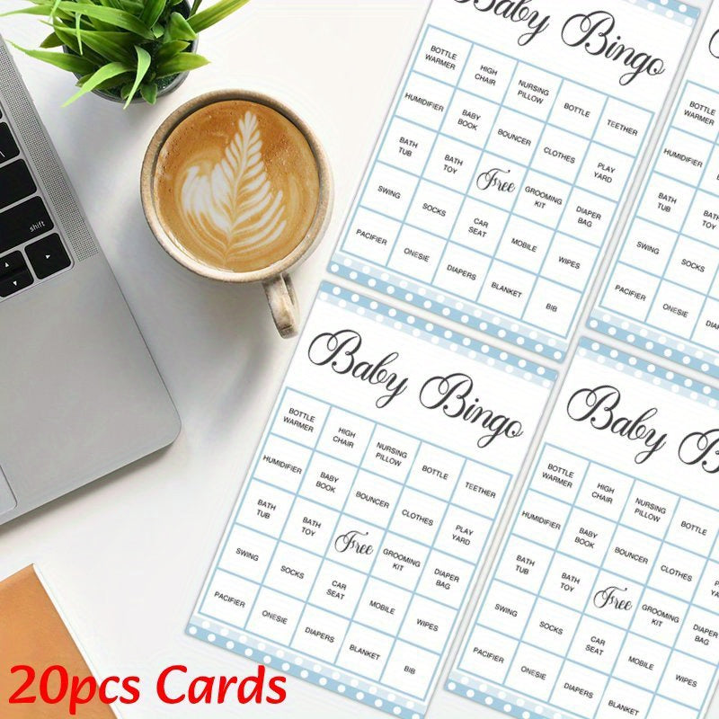 20 pack of blue polka dot design baby shower bingo game cards - a fun and interactive activity for family and friends. Perfect for celebrating with your loved ones, these English language party supplies are sure to make the baby shower a memorable event.