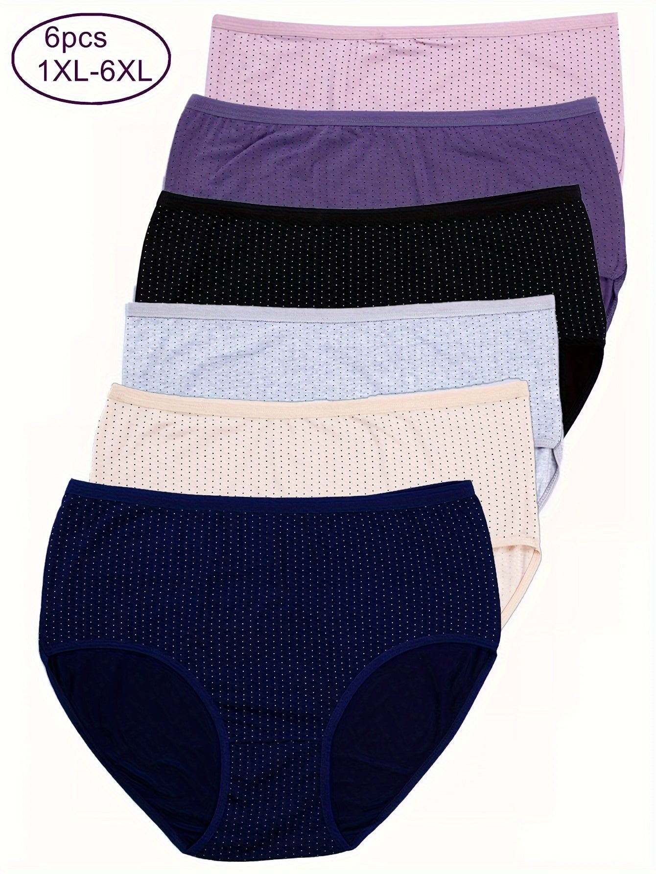 Set of 6 women's mid-rise briefs in assorted colors with polka dot design and stretch fit.