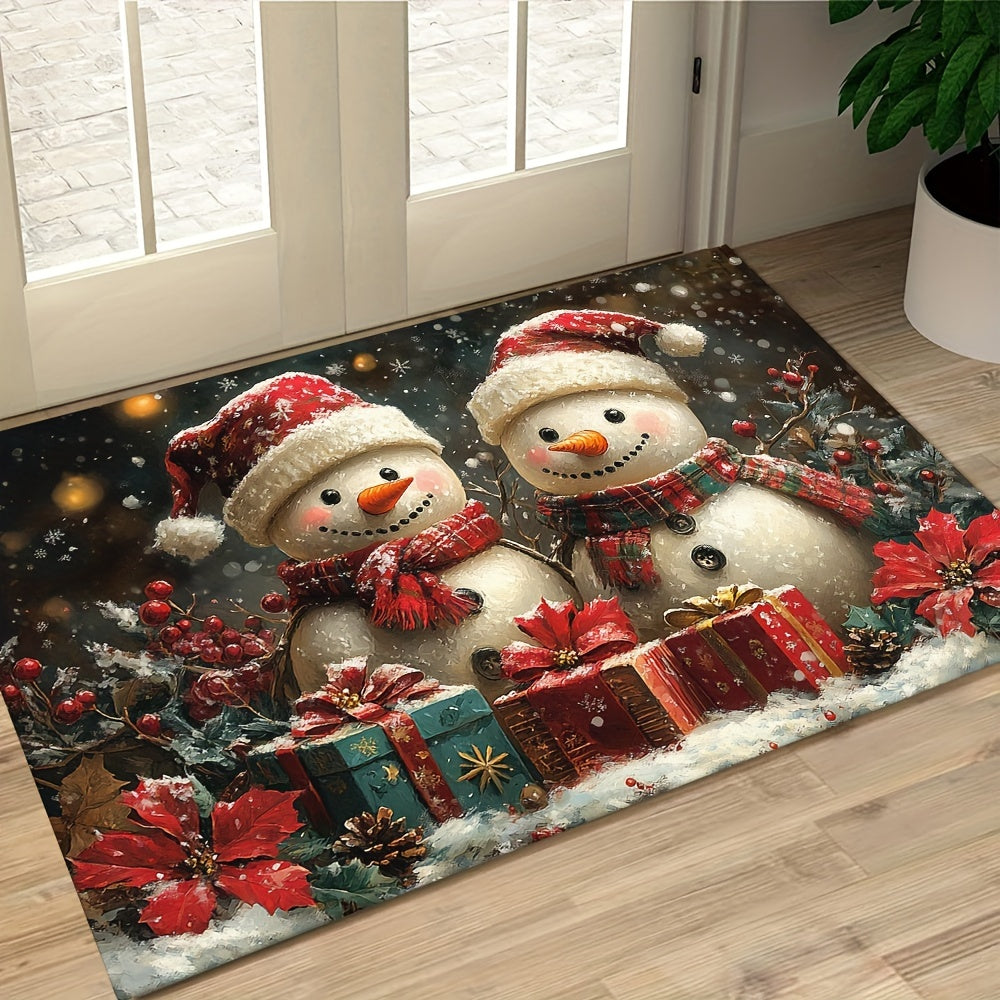 This durable Christmas Snowman Doormat is made of lightweight and washable braided polyester, with a non-slip rubber backing to keep it in place. Perfect for use in the home, living room, bathroom, or balcony. Machine-made for quality and featuring