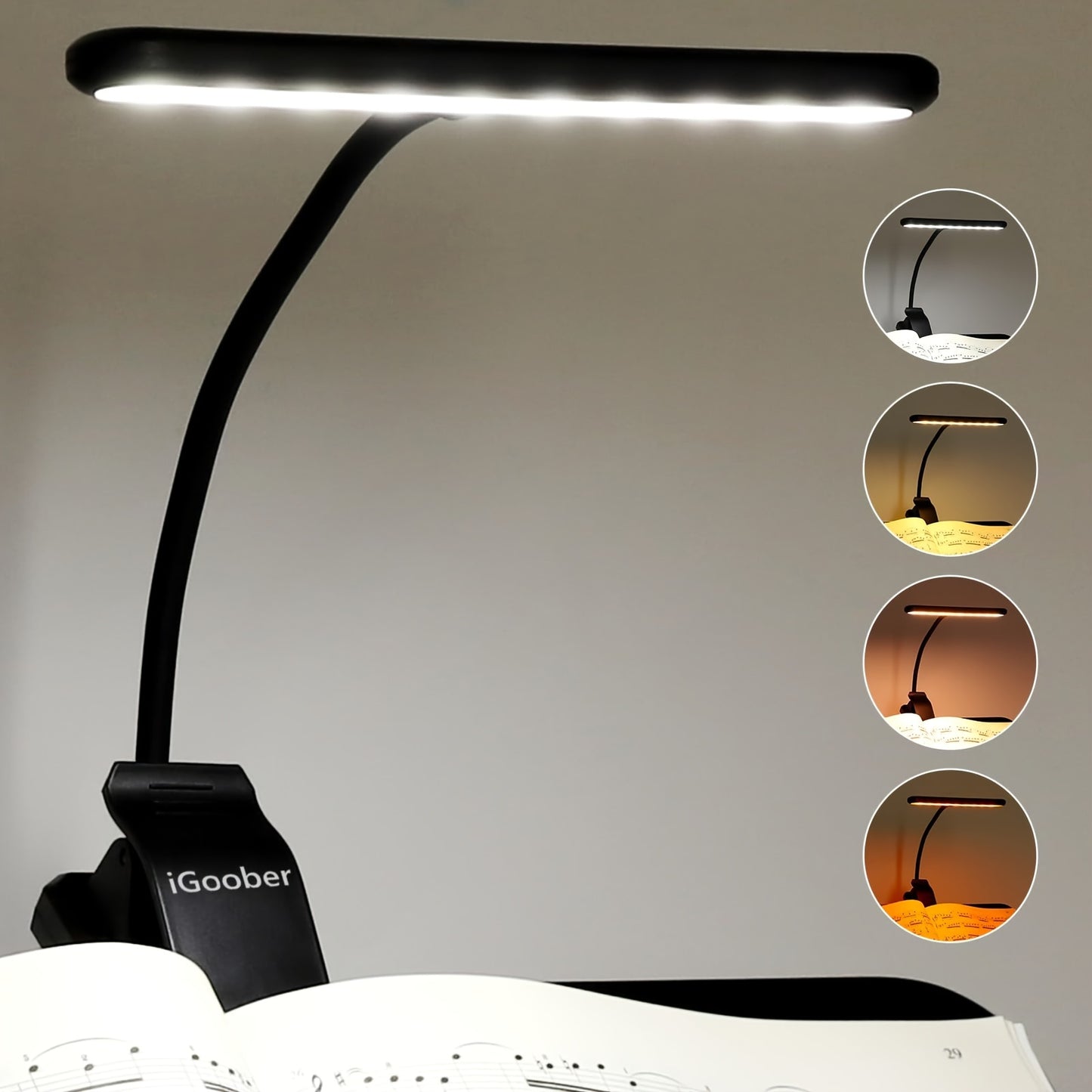 Portable LED music stand light with clip, equipped with 28 LEDs in 4 color modes and 3 brightness levels. Features eye-care technology, blue light blocking, and USB-C rechargeable design for musicians, piano, and keyboard players.