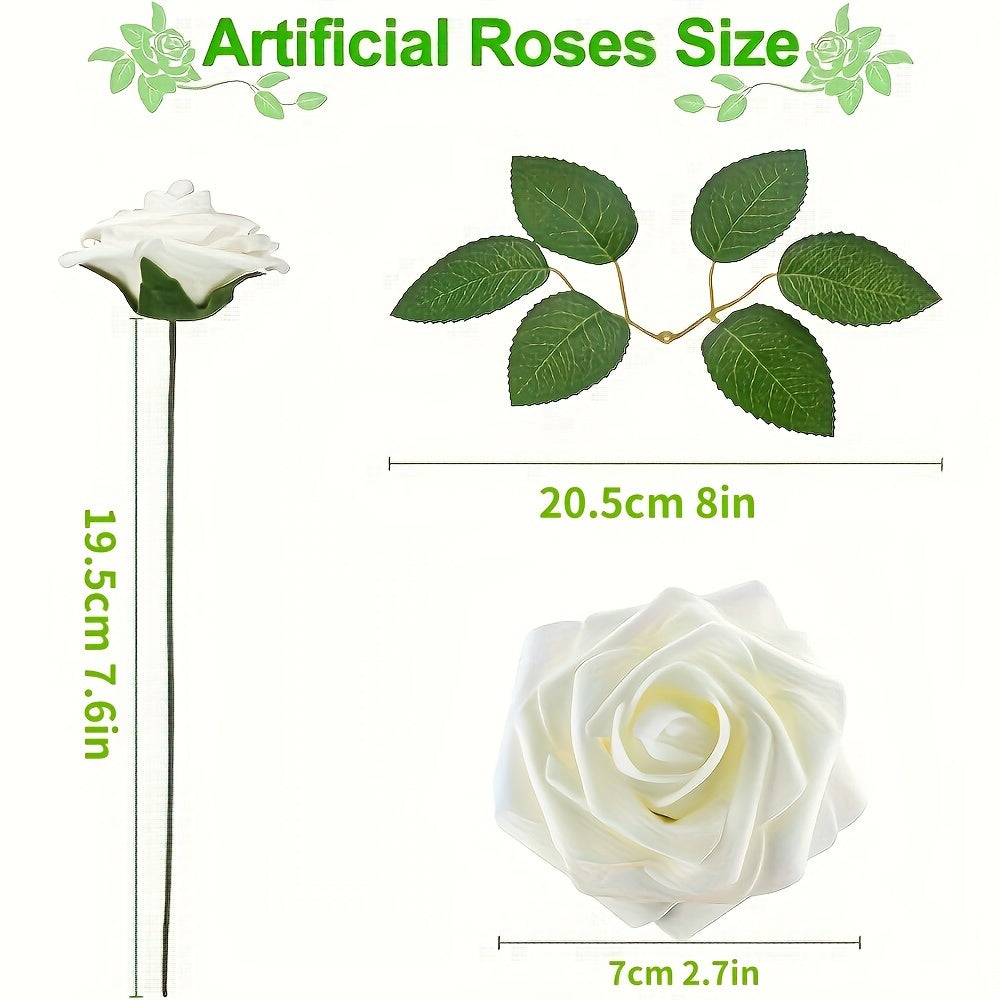 27 artificial ivory foam roses with stems and leaves, ideal for DIY wedding bouquets, bride gifts, centerpieces, and party tables.