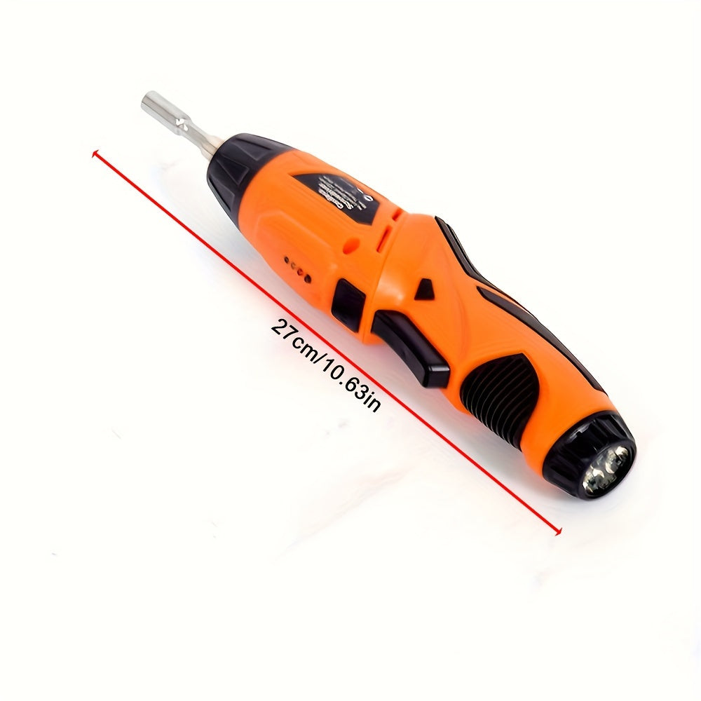 Electric screwdriver set with 47 accessories and flashlight feature, suitable for various uses like tightening screws, nuts, and drilling. Ideal for home repairs and installations.