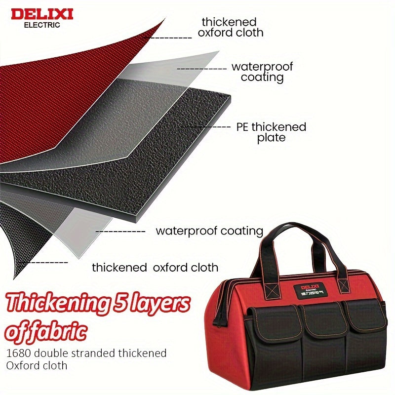 Heavy duty multi-pocket tool storage bag for wide mouth tools, featuring multiple layers for easy tool organization (33.02cm x 35.56cm x 40.64cm)