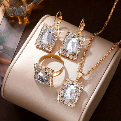 4-piece women's jewelry set with retro square glass rhinestones