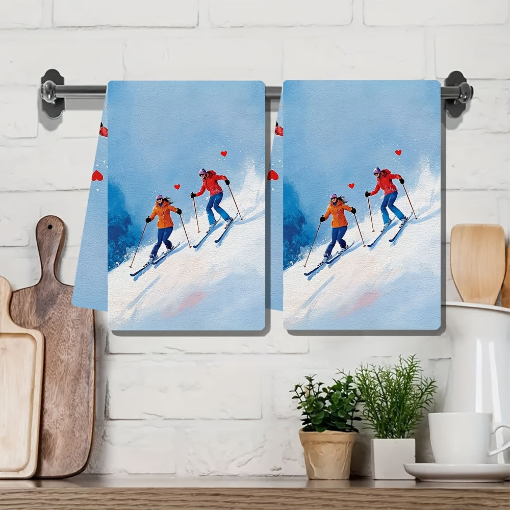 Add a touch of charm to your kitchen with this set of two ultra-soft dish towels adorned with a delightful illustration of a couple skiing gracefully down a snowy hill. The skiers move side by side, executing elegant turns with ski poles featuring