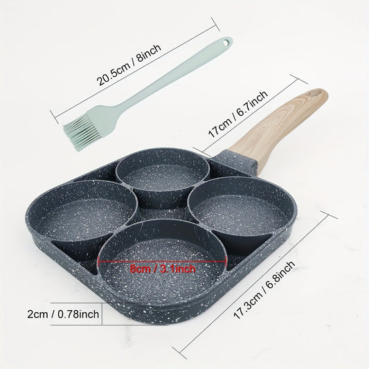 This Non-Stick Egg Pan with a Wooden Handle is perfect for cooking breakfast items like eggs and burgers. The 4-cavity skillet is compatible with gas stoves and is dishwasher safe. Made of lightweight aluminum, this pan weighs 14.2 oz.