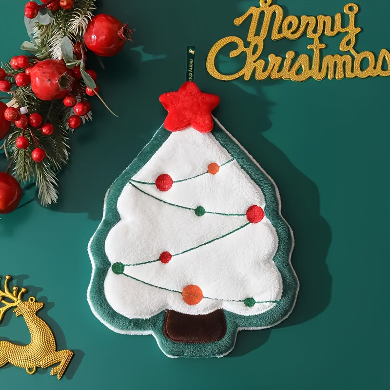 Christmas themed fingertip towels set with Santa, Christmas tree, and house designs. Made of polyester blend knit fabric, super absorbent and quick-drying. Machine washable and features hanging loops for kitchen and bathroom decor. Makes a great seasonal