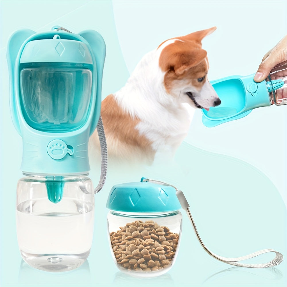 Portable dog water bottle with food container for walking, hiking, and travel. Ideal for cats, puppies, and other pets.