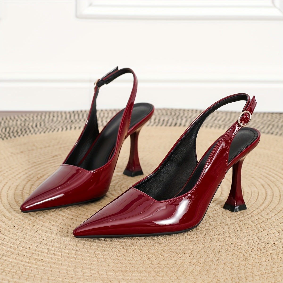 Stylish patent pumps with slingback stiletto heels for various occasions, made with man-made materials and TPU sole.