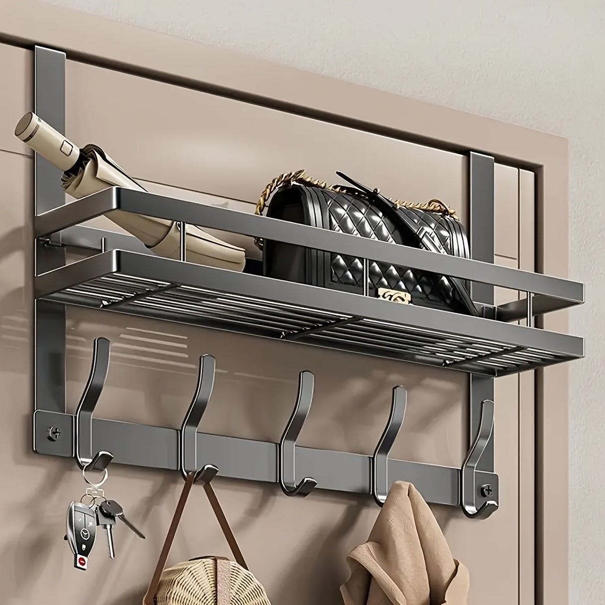 Convenient over-the-door storage rack with multifunctional metal hooks for bedroom, bathroom, and kitchen organization.