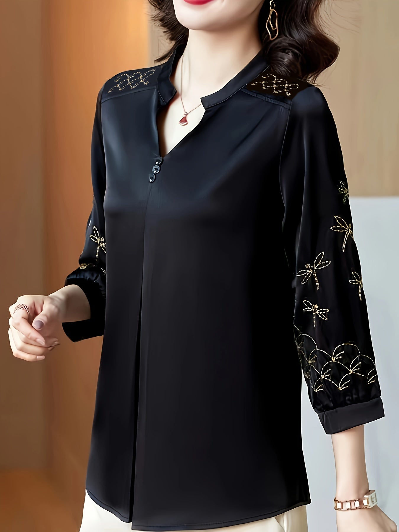 Notched Neck Blouse with 3/4 Sleeve Embroidery for Women's Spring & Fall Collection