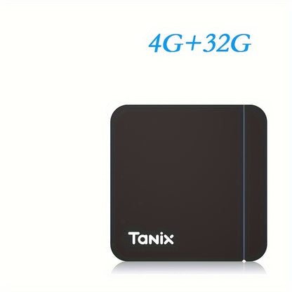 Tanix W2 Smart TV Box with Amlogic S905W2 and Android 11.0, available in different memory configurations for 4K video playback with Bluetooth and dual-band WiFi.