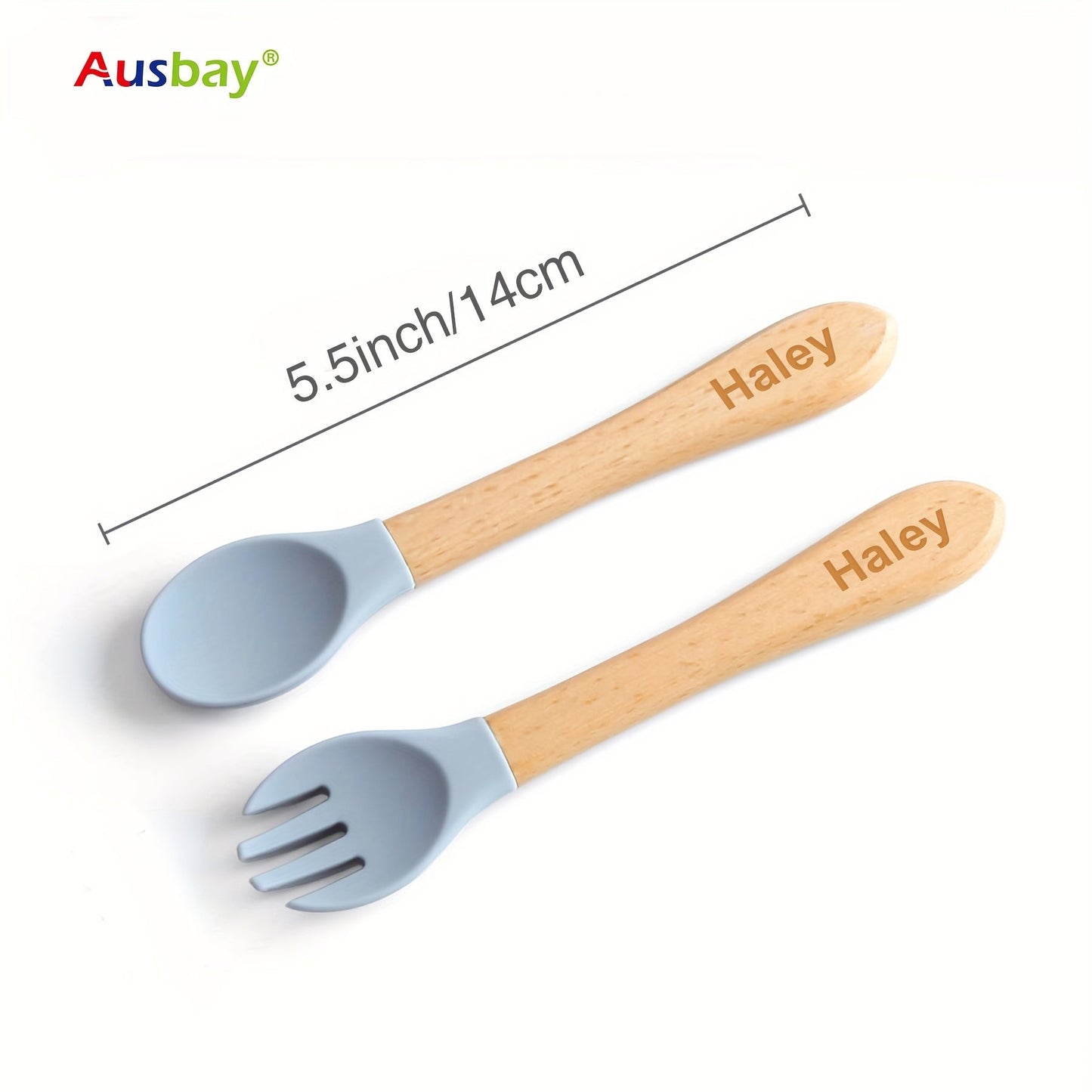 Ausbay 2-piece personalized silicone training spoon and fork set for kids - strong and secure with custom name handle - ideal for children and collectors