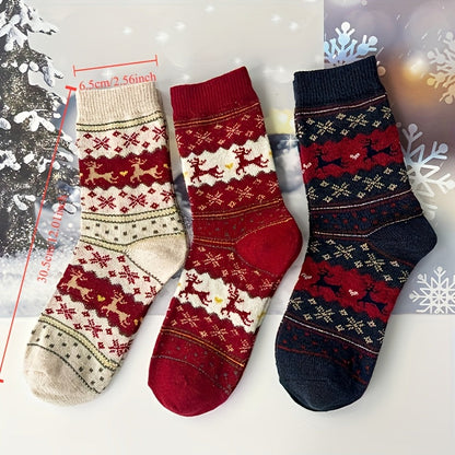 Women's Festive Christmas Reindeer & Snowflake Design Cozy Thick Socks - Set of 3 Pairs in Mixed Colors