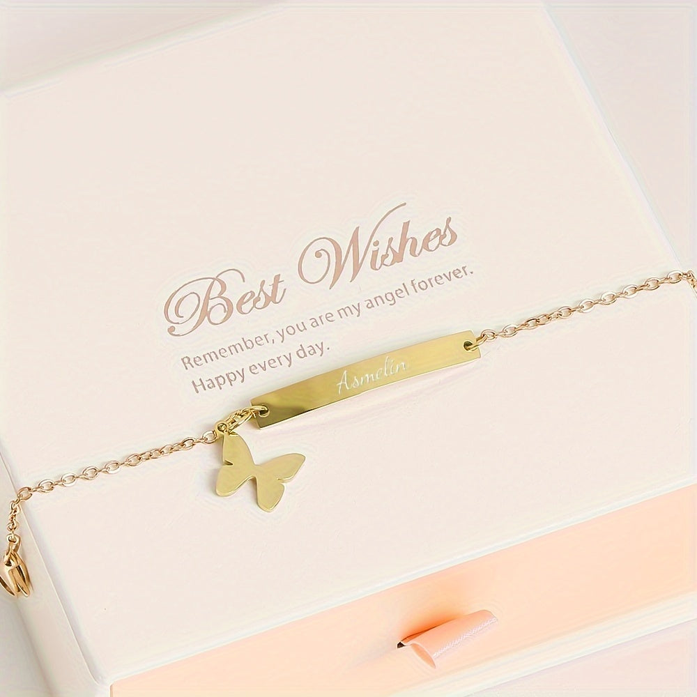 Customize your style with our Butterfly Bracelet featuring an engraving bar. Made from titanium alloy, this personalized jewelry piece is perfect for baptisms, anniversaries, birthdays, or any special occasion. Create a unique gift for her with a