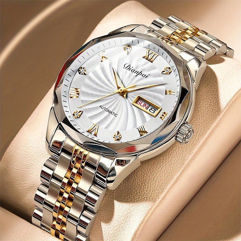 Dianpai Men's Elegant Automatic Mechanical Watch with Luminous Hands, Golden-Tone Stainless Steel Band, Date Display, Waterproof, Self-Winding, Precision Movement, Fashionable Round Dial.