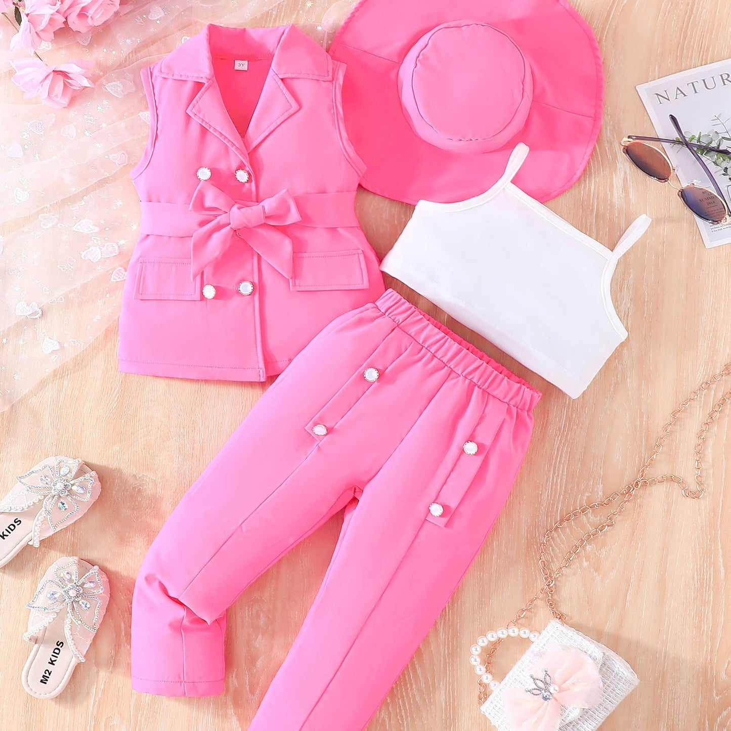 4-piece girls suit: sleeveless vest, trousers, camisole with hat set for daily, casual, and party wear.