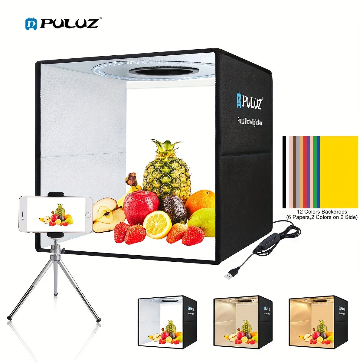 PULUZ 15.8 inch Photo Studio Light Box with Soft Light Cloth, 160 LED, 6 Dual-side Color Backdrops, Professional 3200-6500k Adjustable White Light, Soft Light, Warm Light, 12 Colors for