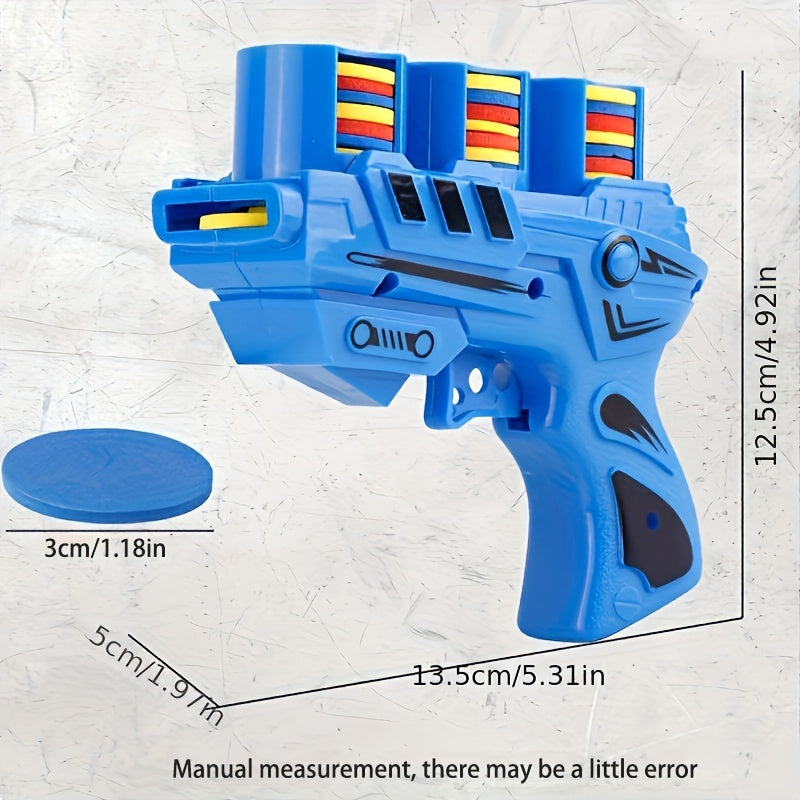 Safe foam disk launcher gun for interactive indoor and outdoor play for boys and girls. Perfect for birthday gifts, school rewards, and party favors. Suitable for cat interaction.