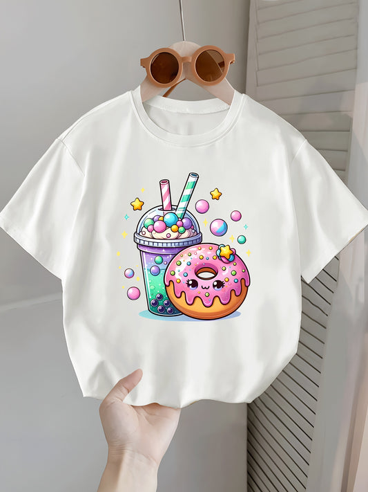 White short-sleeve top with a milk tea donut star pattern, ideal for summer wear.