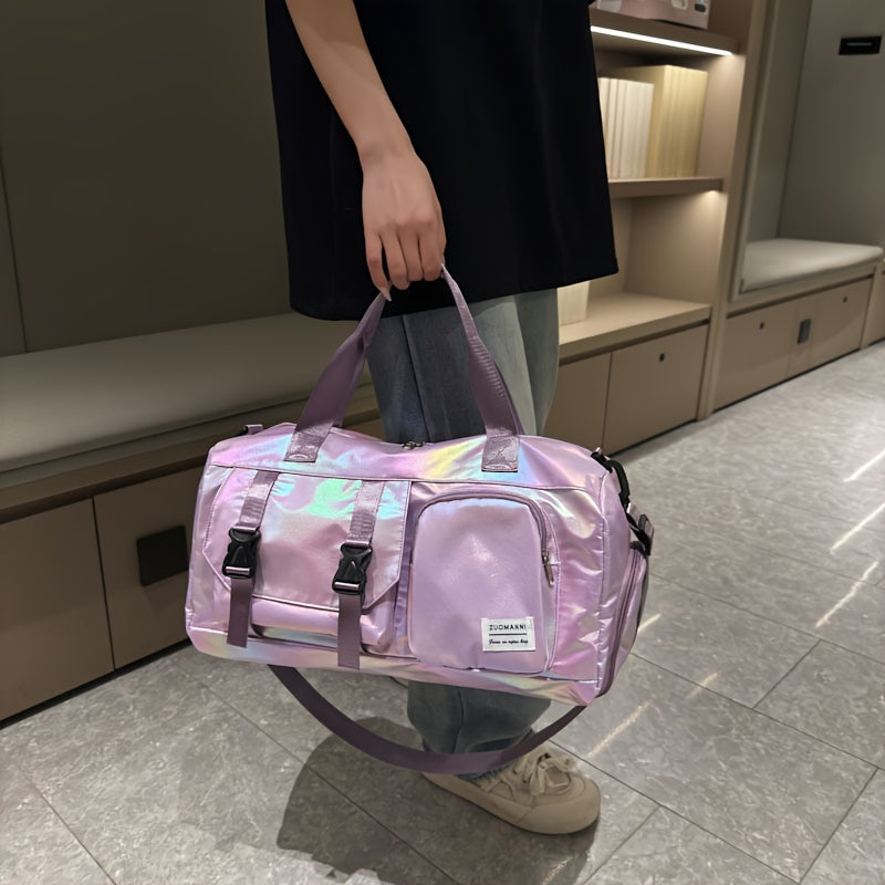 Gleaming duffel bag with unique zipper - Ideal for fitness and travel.