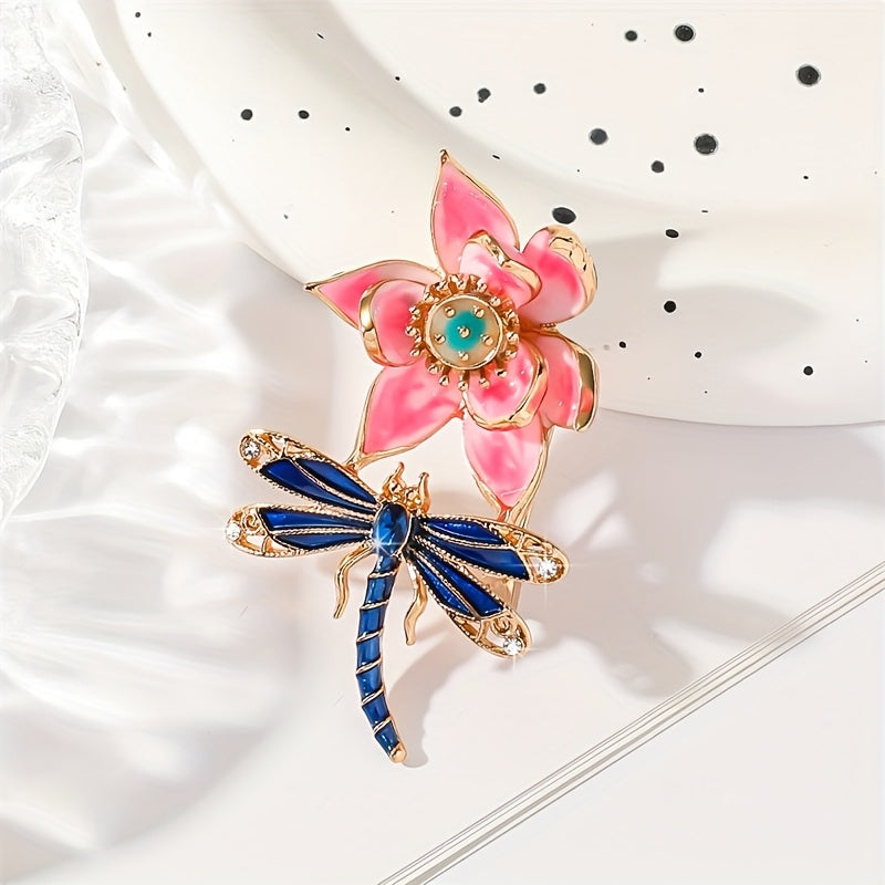 Stylish Enamel Lotus Flower and Dragonfly Brooch With Rhinestones - A Versatile Fashion Accessory for Women