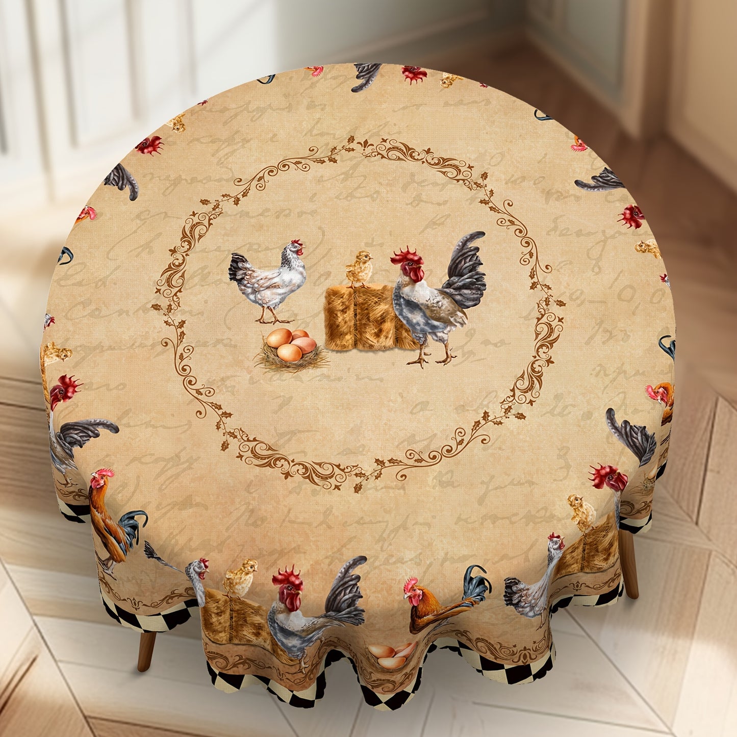 Retro farmhouse tablecloth featuring rooster, chick, and egg prints for daily use in homes, restaurants, terraces, picnics, and courtyards. Suitable for indoor and outdoor settings. Great gift for family and friends.