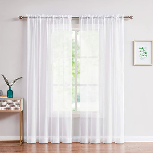 Two pieces of lightweight transparent white gauze curtains, designed for living room and bedroom decoration, with pole-wearing feature.