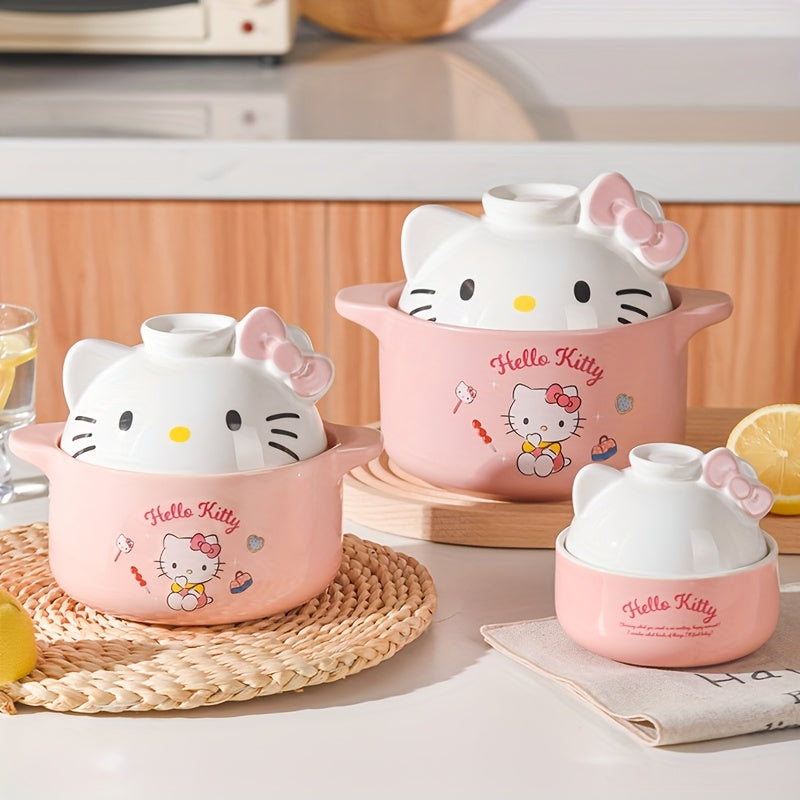 One Sanrio Hello Kitty Ceramic Cartoon Pot, Adorable Soup Crock with Lid, Multi-Purpose Stew Pot for Cooking, Baking, and Steaming - Charming Kitchen Cookware