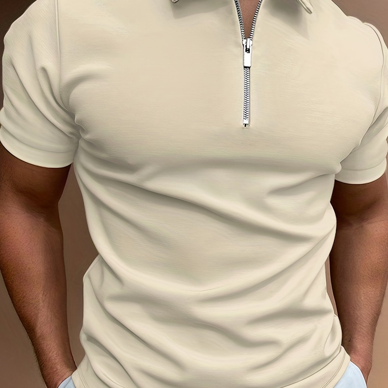 Men's classic white shirt with short sleeves, zipper collar, and stretch polyester fabric - ideal for casual summer style and golf.