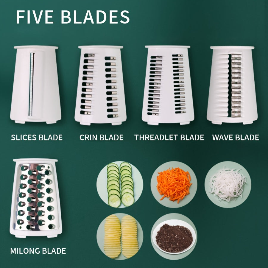 Versatile Kitchen Tool: Manual Rotary Mandoline Slicer with Interchangeable Blades - Made of ABS Material, Hand Crank Operation for easy slicing, grating, and shredding of vegetables and cheese.