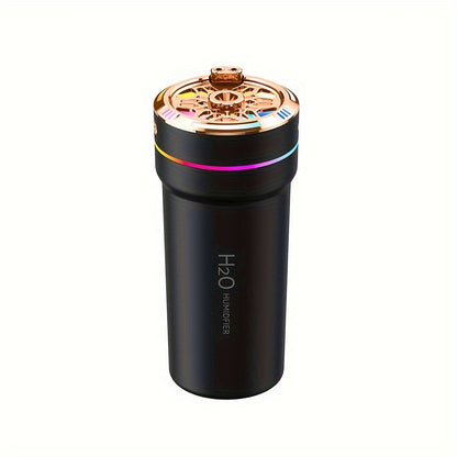 Compact car humidifier and air purifier with starry sky light, USB powered, essential oil compatible, automatic start/stop, for a fresh and moisturized vehicle interior.